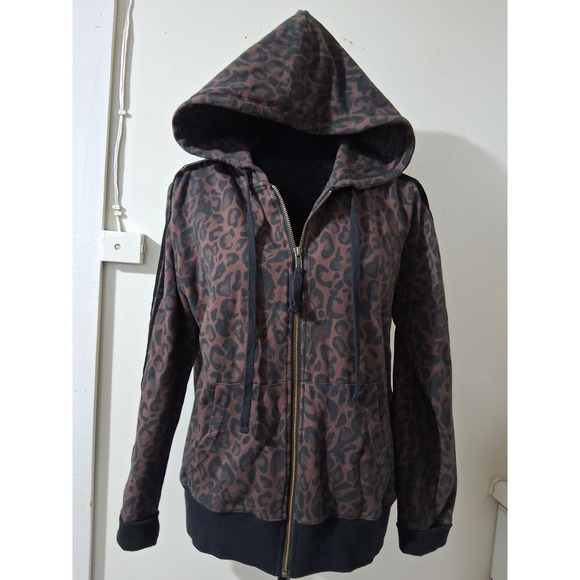 Johnny Was Tops - Johnny Was Los Angeles Leopard Print Zip Up Hoodie Brown Black Side Stripe Small
